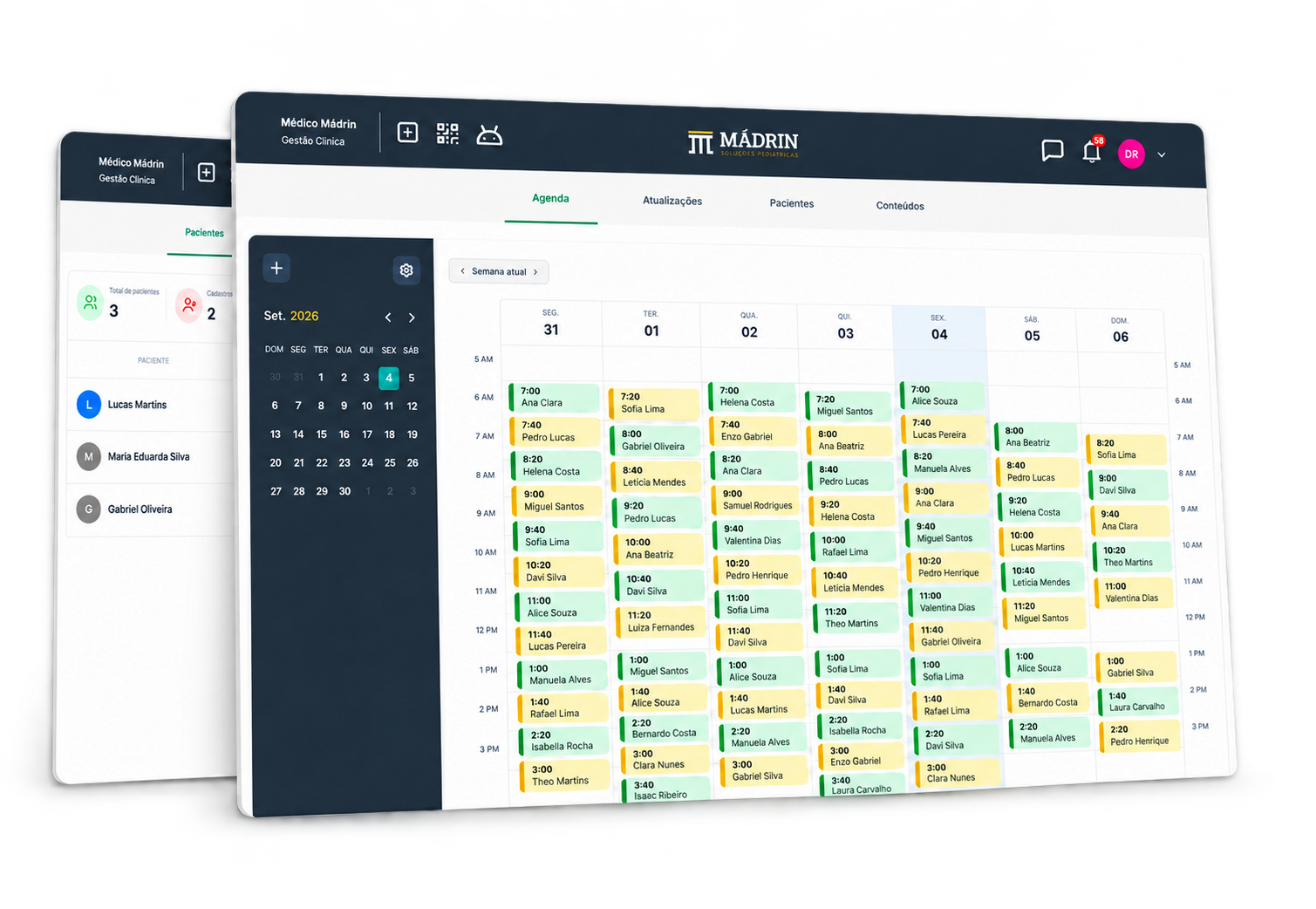 Tela da agenda da plataforma Mádrin com calendário semanal e lista de pacientes